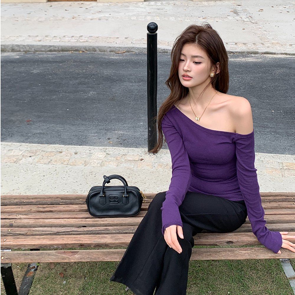 가을 데일리 언발란스 오프숄더 골지 셔링 긴팔 슬림핏 레이온 티셔츠 블랙 차콜 레드 네이비 퍼플 - 상세 이미지 3