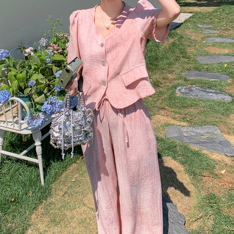 브이넥노카라반팔자켓 밴딩와이드팬츠 세트 면마혼방 캐주얼 여름 하객룩 예쁜 디자인 연핑크 - 상세 이미지 2