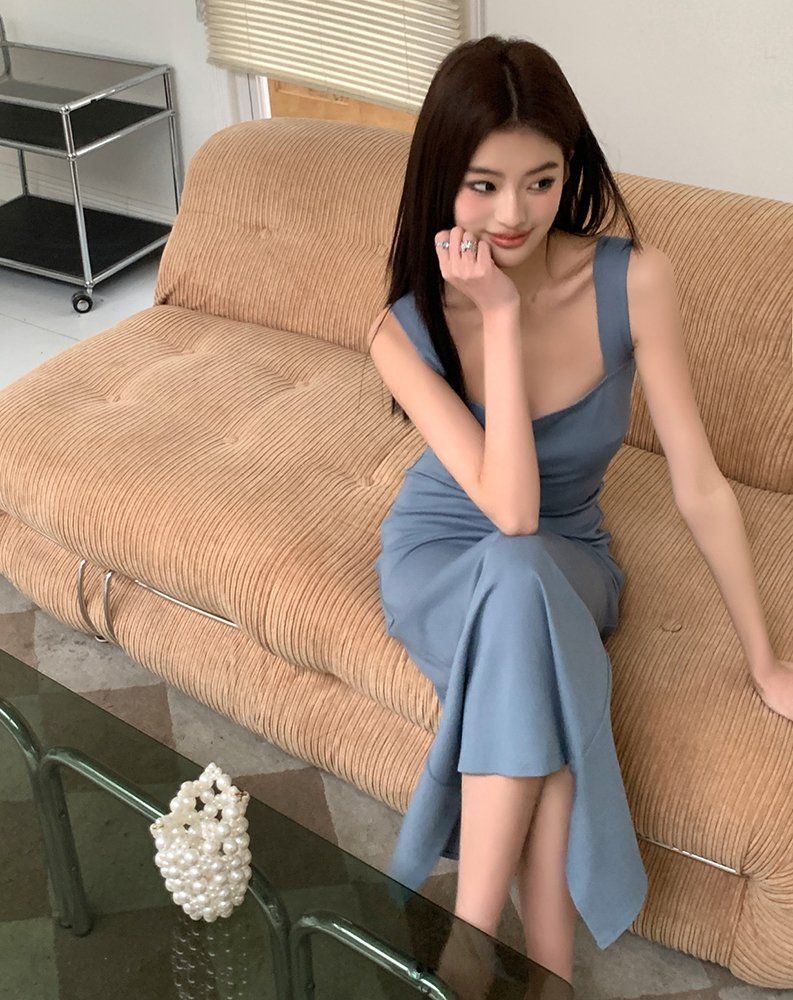 봄 여름 여성 슬림핏 스퀘어넥 민소매 스판 백지퍼 롱 원피스 블루 블랙 브라운 - 상세 이미지 3