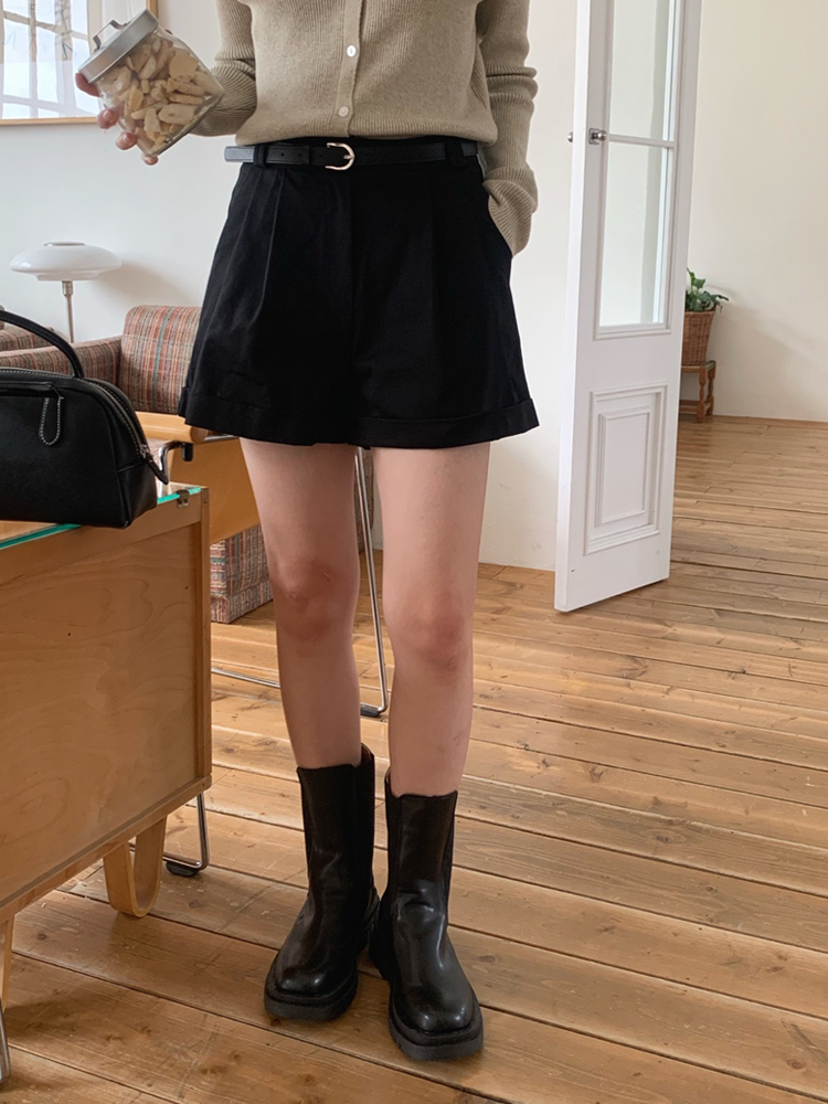 (벨트SET) 카브라 여성 반바지 면 3부 A라인 반바지 핀턱 숏팬츠 베이지 화이트 이미지 7