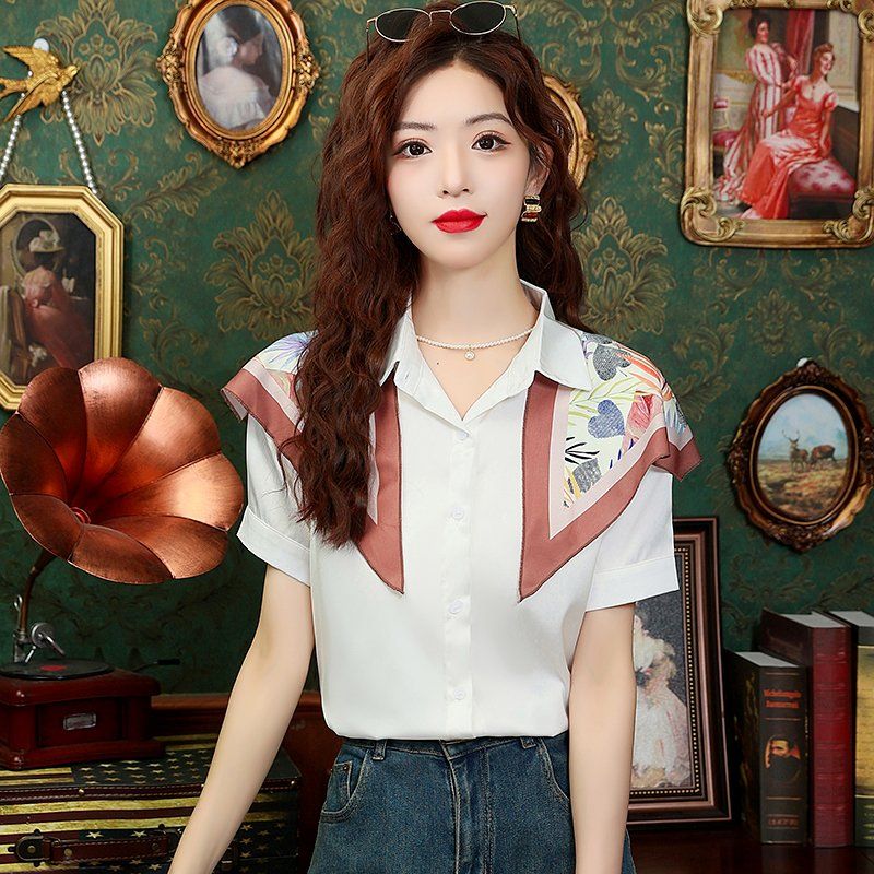 봄 여름 여성 탈부착 스카프 숄더 케이프 카라 반팔 슬림핏 빅사이즈 셔츠 블라우스 화이트 - 상품 이미지