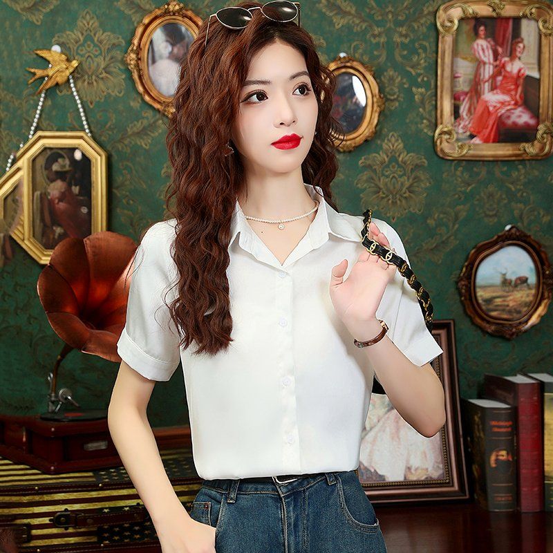 봄 여름 여성 탈부착 스카프 숄더 케이프 카라 반팔 슬림핏 빅사이즈 셔츠 블라우스 화이트 - 상세 이미지 4