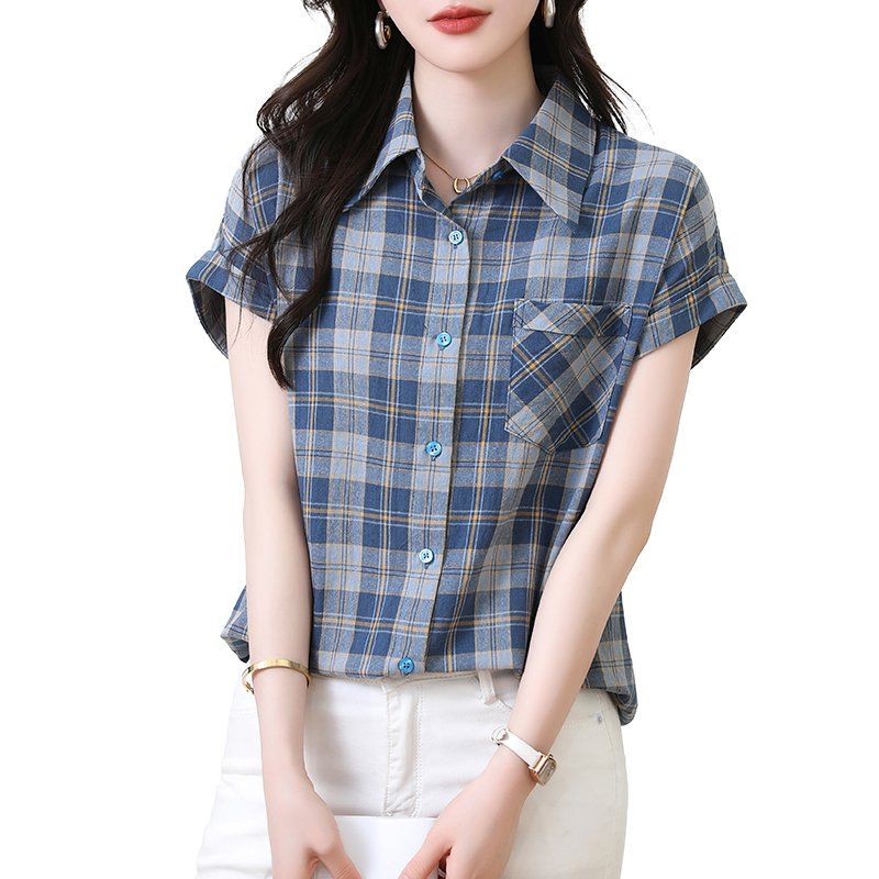 봄 여름 여성 캐주얼 체크 패턴 카라넥 버튼 포켓 루즈핏 빅사이즈 반팔 셔츠 블루 - 상세 이미지 5