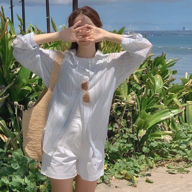 [자체제작] 장마룩 시스루 코튼 루즈핏 셔츠 / 얼리타임스트라이프셔츠 블루(멀티), FREE - 상세 이미지 2