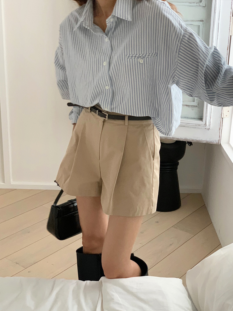 (벨트SET) 하이웨스트 핀턱 여성 반바지 면 A라인 여자 여름바지 반바지 네이비 베이지 이미지 7