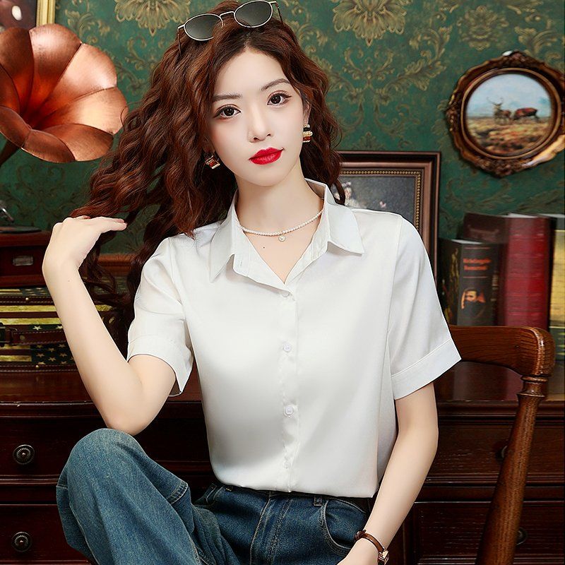 봄 여름 여성 탈부착 스카프 숄더 케이프 카라 반팔 슬림핏 빅사이즈 셔츠 블라우스 화이트 - 상세 이미지 3