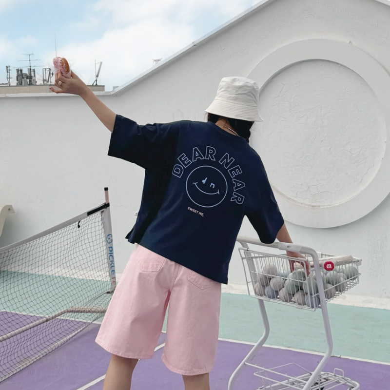 메이블루 해피 스마일 세미크롭티, 크롭티 코디, 데일리룩 추천, 러블리룩 연출, 여자 여름 티셔츠