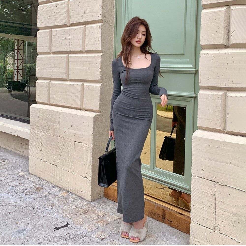 봄 가을 페미닌 스퀘어넥 골지 긴팔 슬림핏 바디컨셔스 롱 맥시 원피스 차콜