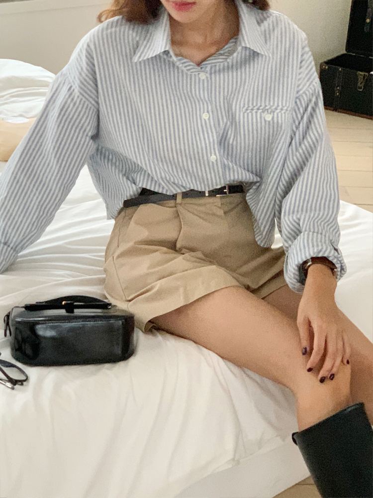 (벨트SET) 하이웨스트 핀턱 여성 반바지 면 A라인 여자 여름바지 반바지 네이비 베이지 이미지 8