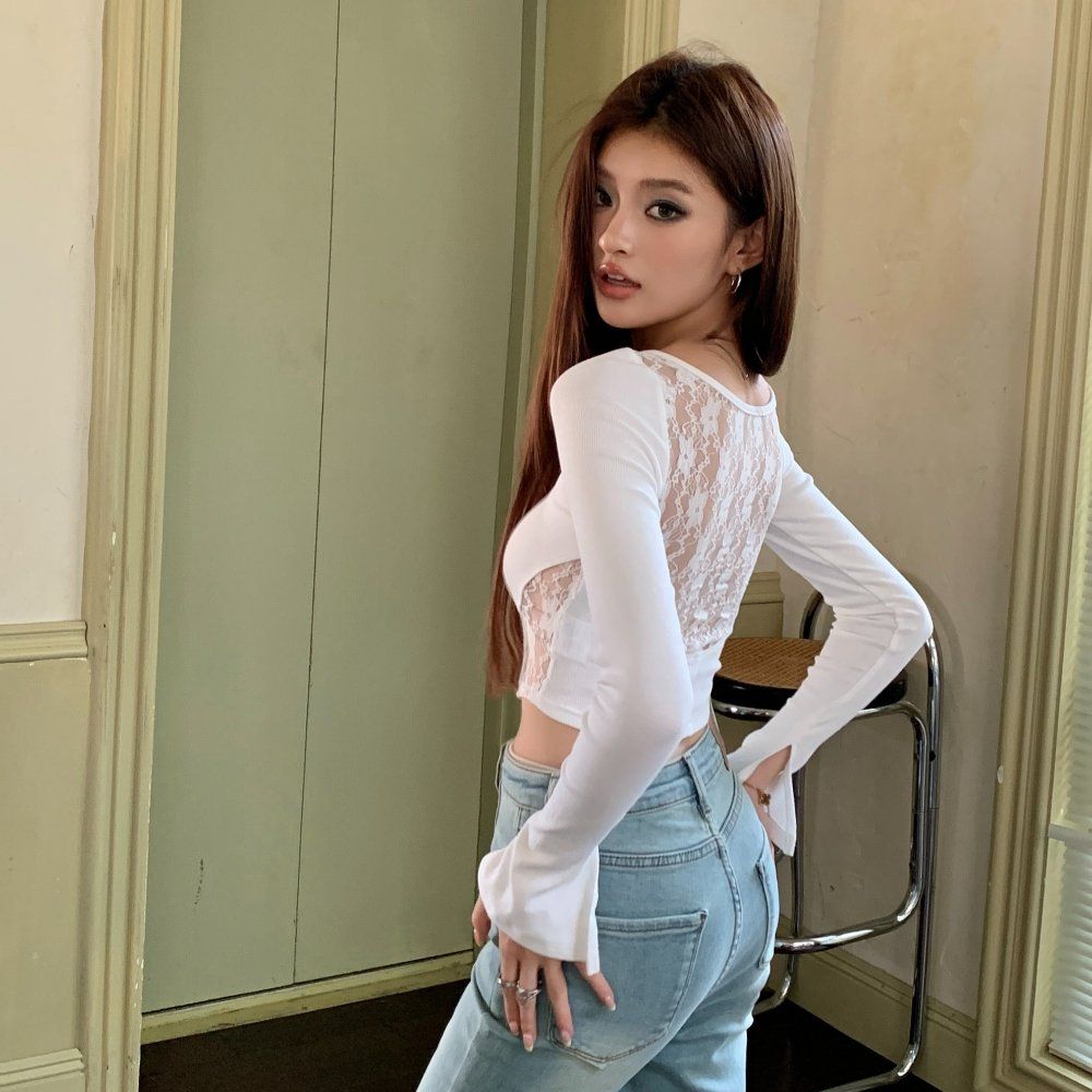 봄 가을 여성 슬림핏 골지 긴팔티 스쿱넥 뒷면 브이넥 레이스 세미크롭 티셔츠 블랙 화이트 - 상품 이미지