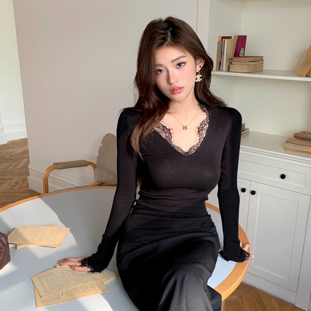 봄 가을 여성 슬림핏 브이넥 넥라인 소매 레이스 모달 스판 긴팔 티셔츠 블랙 - 상품 이미지