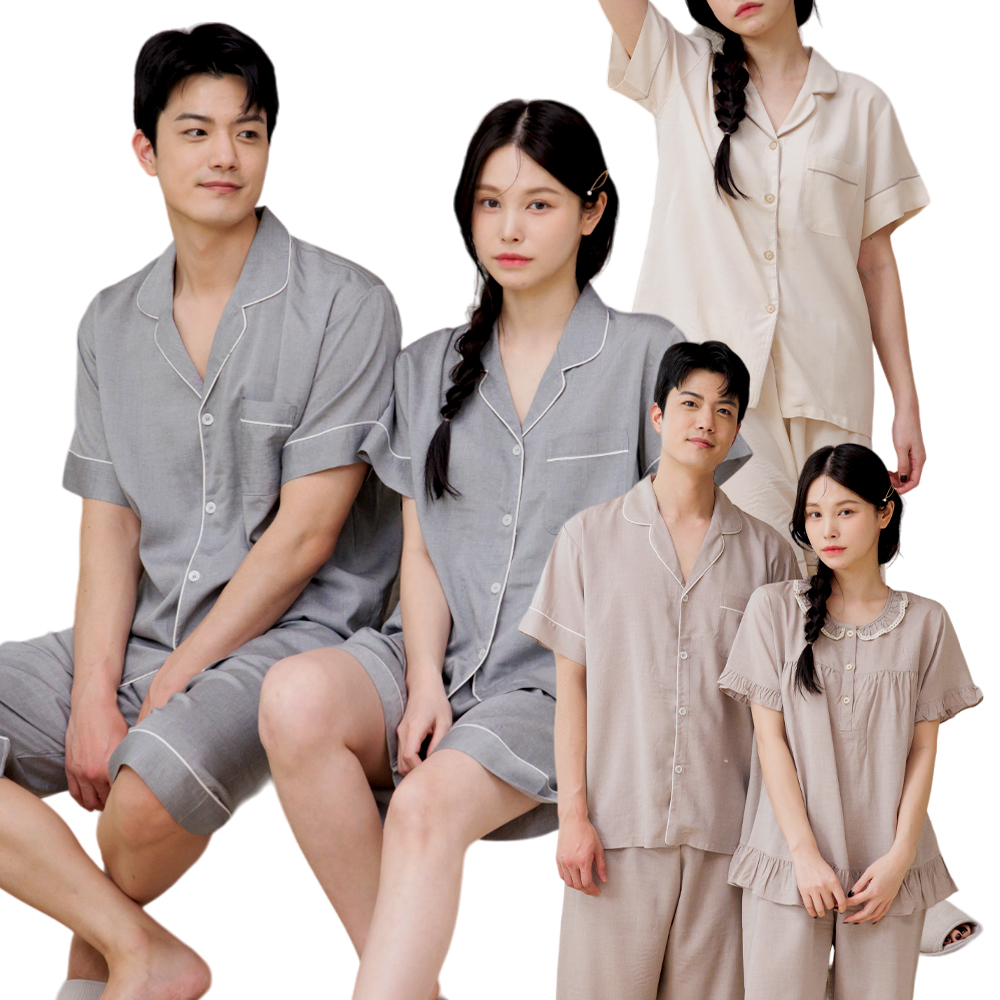 커플 잠옷 여성 남자 파자마 상하세트 신혼 원피스 홈웨어 - 상세 이미지 5