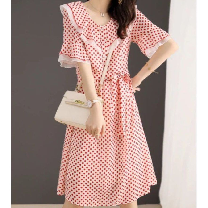봄 여름 여성 브이넥 도트 허리 스트랩 러플 소매 루즈핏 빅사이즈 미디 원피스 레드