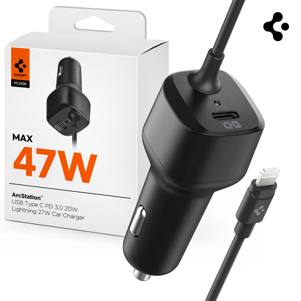 47W 차량용 고속 충전기 USB PD C타입 라이트닝 케이블 일체형 PC2100