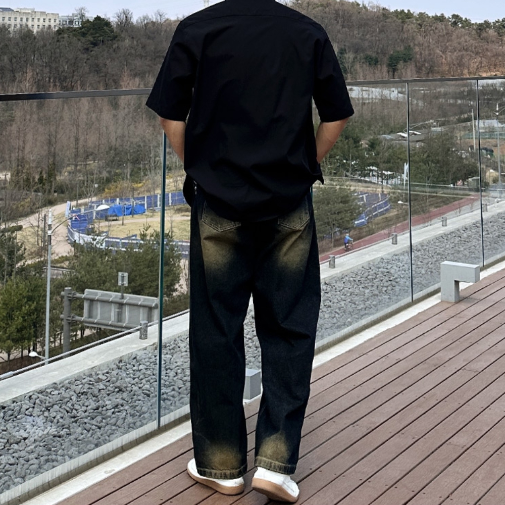 남자 게릿 빈티지 워싱 원턱 와이드 청바지 블루 블랙 - 상세 이미지 3