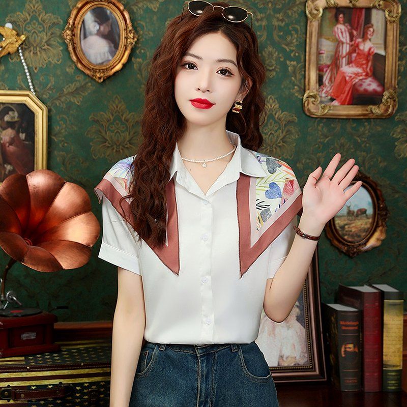 봄 여름 여성 탈부착 스카프 숄더 케이프 카라 반팔 슬림핏 빅사이즈 셔츠 블라우스 화이트 - 상세 이미지 5