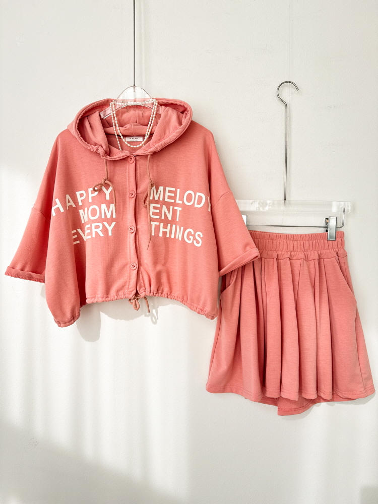 [무배] 크롭 레터링 반팔 후드 치마바지 트레이닝 세트