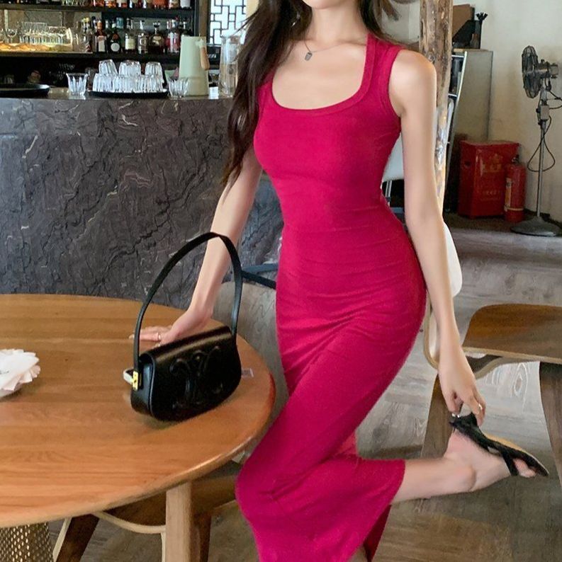 봄 여름 여성 슬림핏 U넥 민소매 골지 모달 스판 머메이드 맥시 롱 원피스 마젠타 블랙 - 상품 이미지