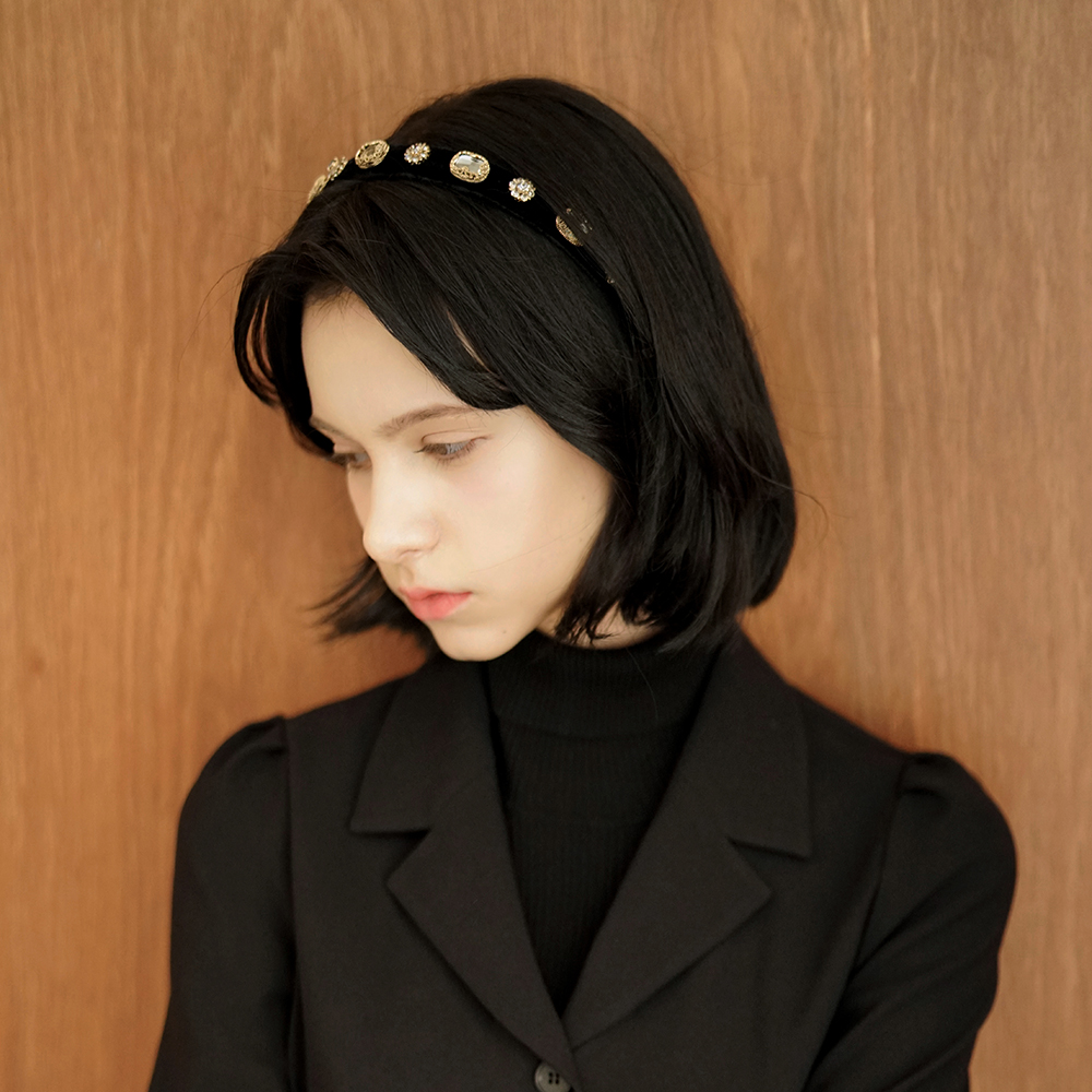 [디자이너 브랜드 루드] 엔틱 크리스탈 벨벳 헤어밴드 머리띠 L20WFAC26 - 상품 이미지