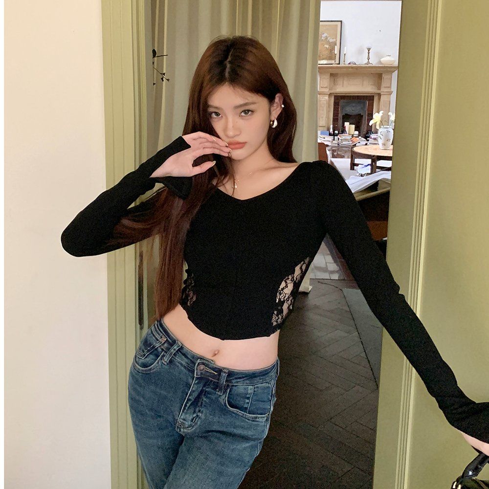 봄 가을 여성 슬림핏 골지 긴팔티 스쿱넥 뒷면 브이넥 레이스 세미크롭 티셔츠 블랙 화이트 - 상세 이미지 3