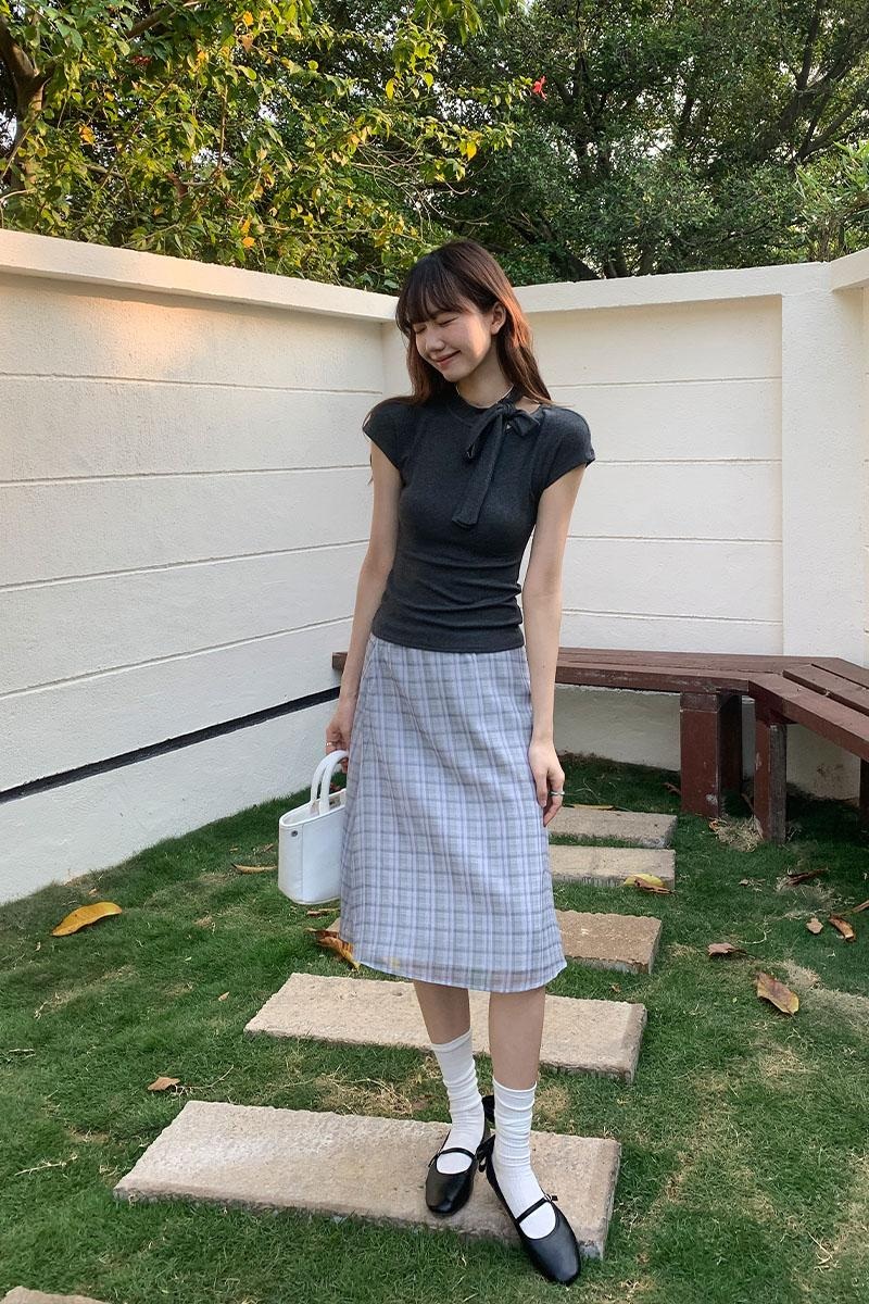 여름 리본 스트랩 반팔 티셔츠 레이어드 데일리룩 그레이 S 이미지 6