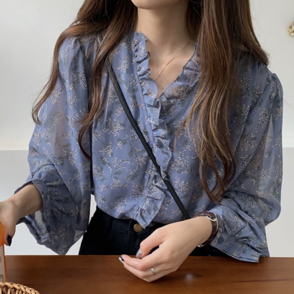 여성 봄 레이스 꽃무늬 플라워 긴팔 블라우스 프릴 쉬폰 오피스룩 데일리룩 데이트룩 - 상품 이미지