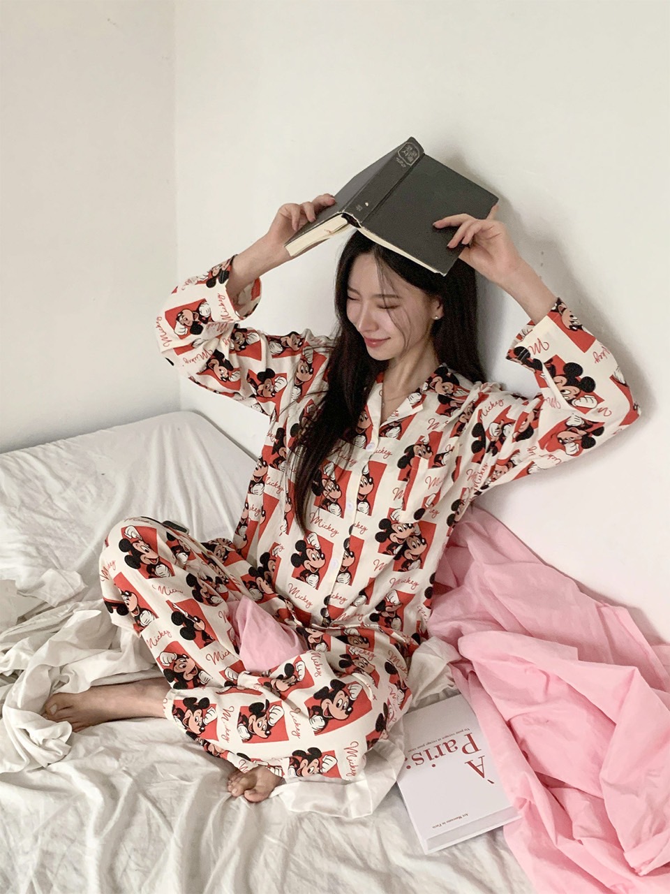 디즈니 스퀘어 미키 잠옷세트 남성용 여성용 커플 파자마 홈웨어 폴리 스판 - 상품 이미지