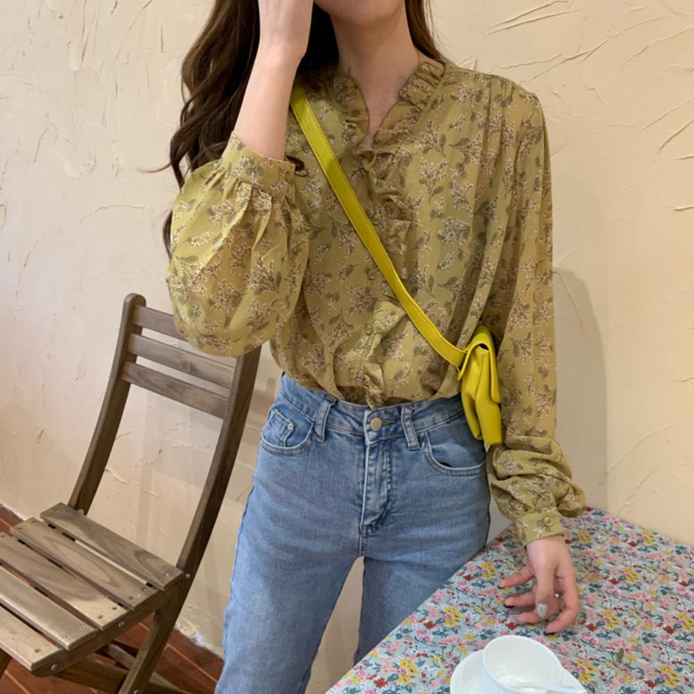 여성 봄 레이스 꽃무늬 플라워 긴팔 블라우스 프릴 쉬폰 오피스룩 데일리룩 데이트룩 - 상세 이미지 4