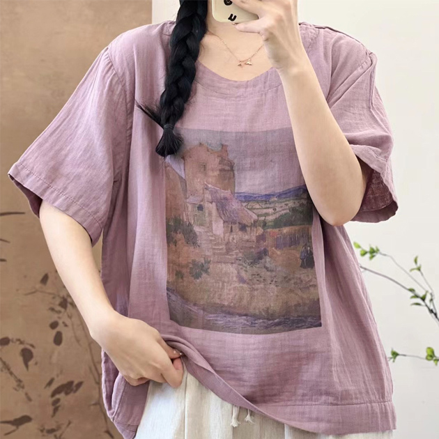 중년여성 면 반팔 티셔츠 프린팅 여름 루즈핏 - 상품 이미지