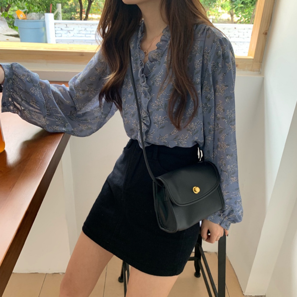 여성 봄 레이스 꽃무늬 플라워 긴팔 블라우스 프릴 쉬폰 오피스룩 데일리룩 데이트룩 - 상세 이미지 3