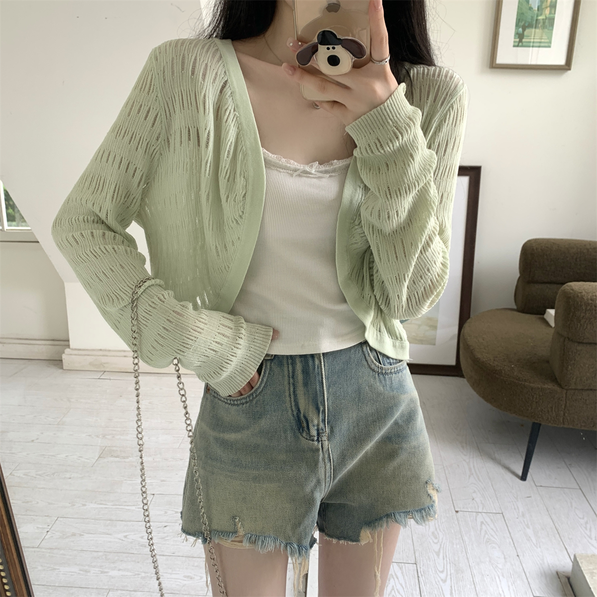Suseyiku 여름 한국 스타일 느슨한 짧은 카디건 모조 린넨 9998N638088 : 발화샵