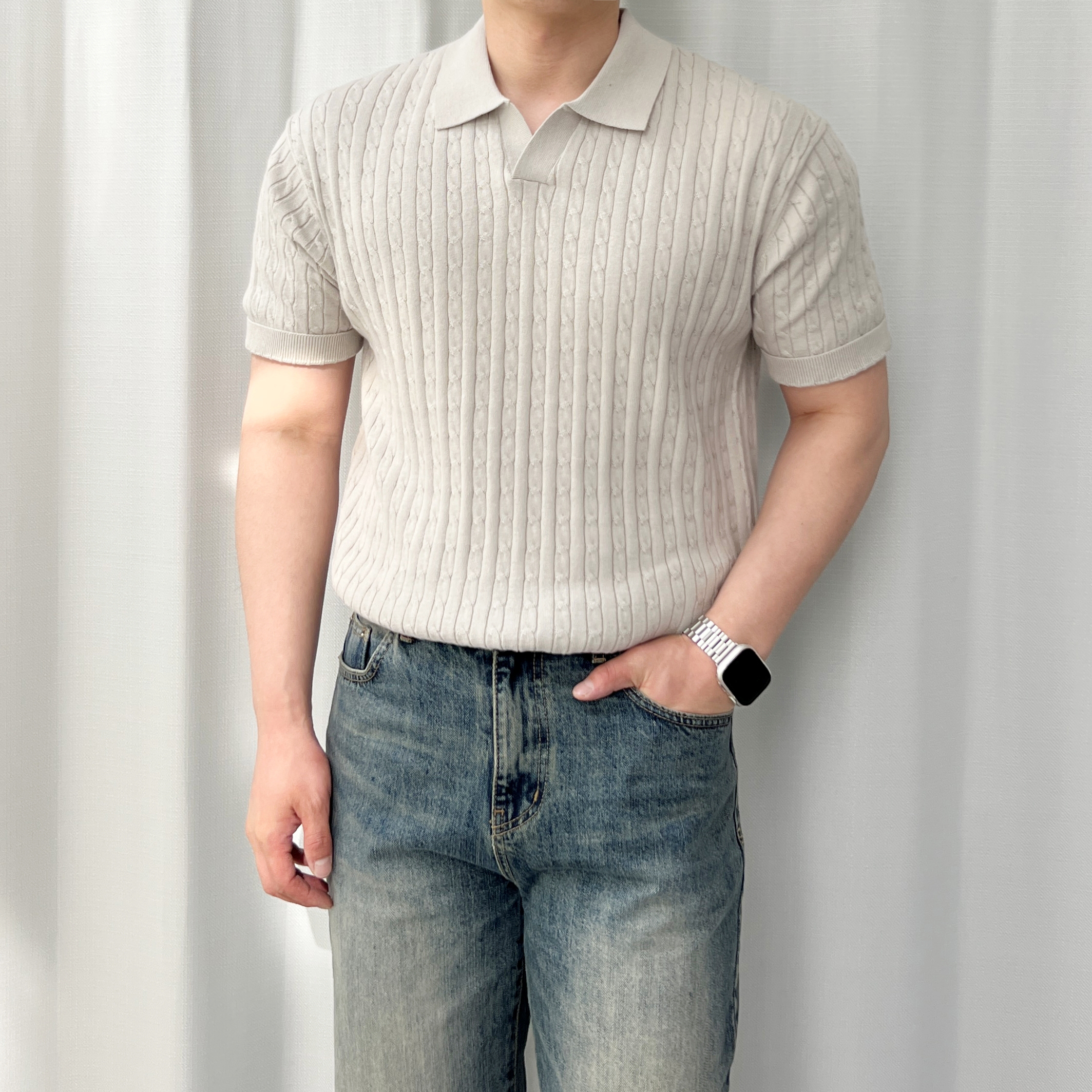 반타 SL 남자 반팔 카라 니트 헨리넥 남자 꽈배기 케이블 니트 이미지 6