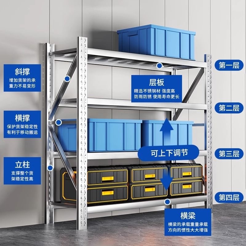 304 스테인리스 중형 다층 수납 선반 창고 및 주방용 201 서브 프레임 450Kg 기존 100x40x200 (4겹) - 상세 이미지 4