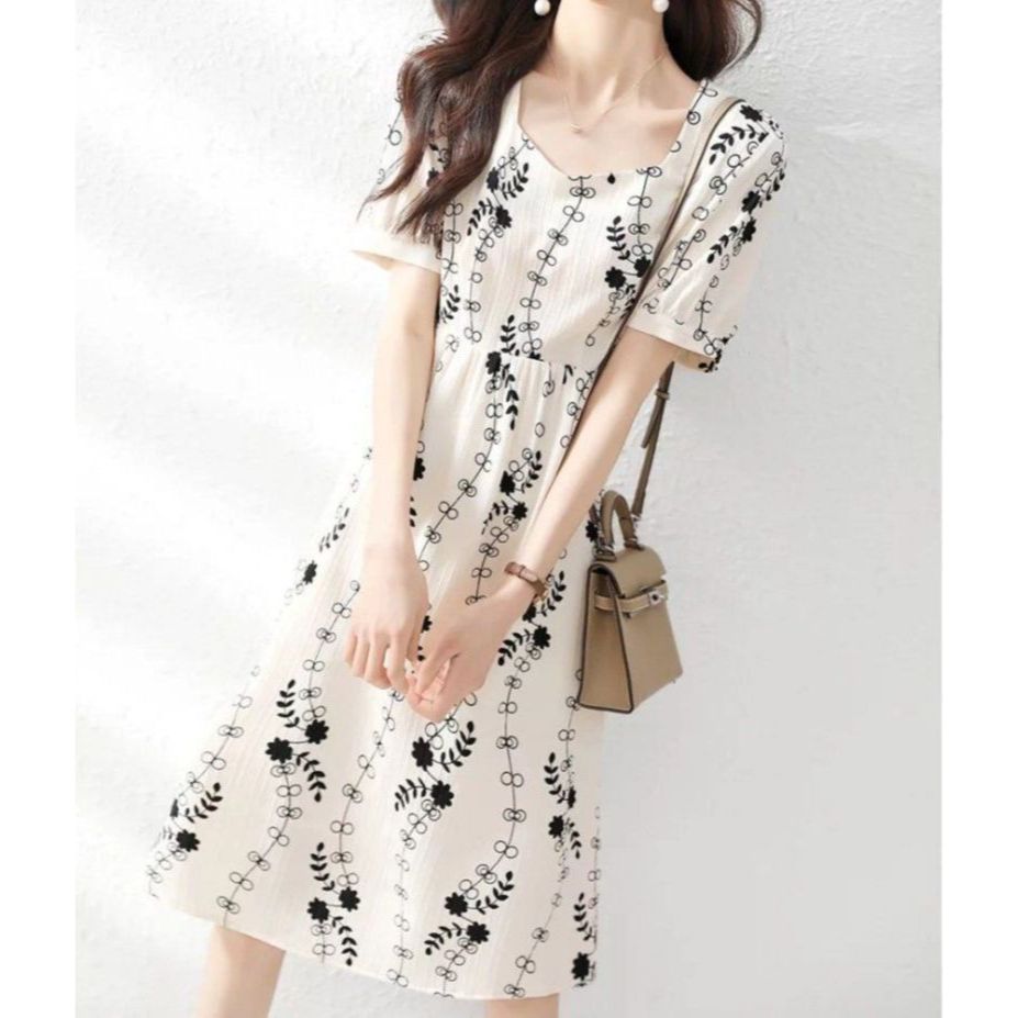 봄 여름 여성 프렌치 무드 덩굴무늬 스퀘어넥 퍼프소매 A라인 빅사이즈 원피스 아이보리 - 상품 이미지