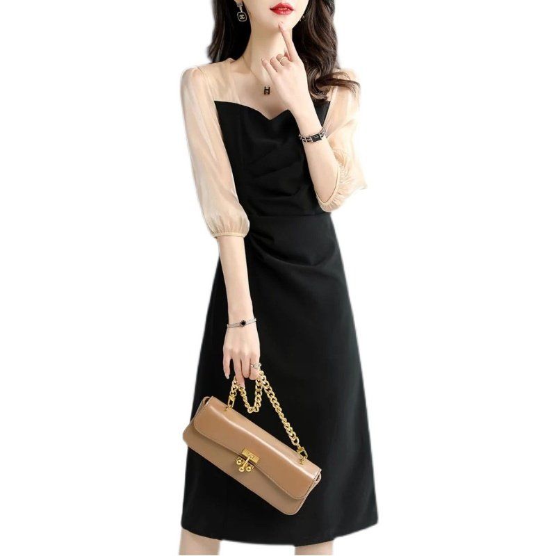 봄 여름 여성 오피스룩 스퀘어넥 시스루 퍼프소매 셔링 롱 빅사이즈 원피스 블랙