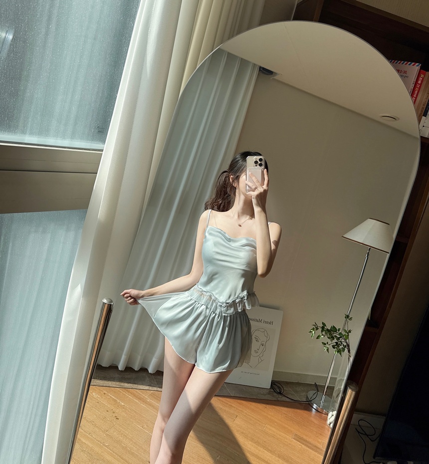 [신상💛큐티섹시]캡내장 레이스 새틴 실크 슬립 나시 반바지 세트 상세 이미지 9