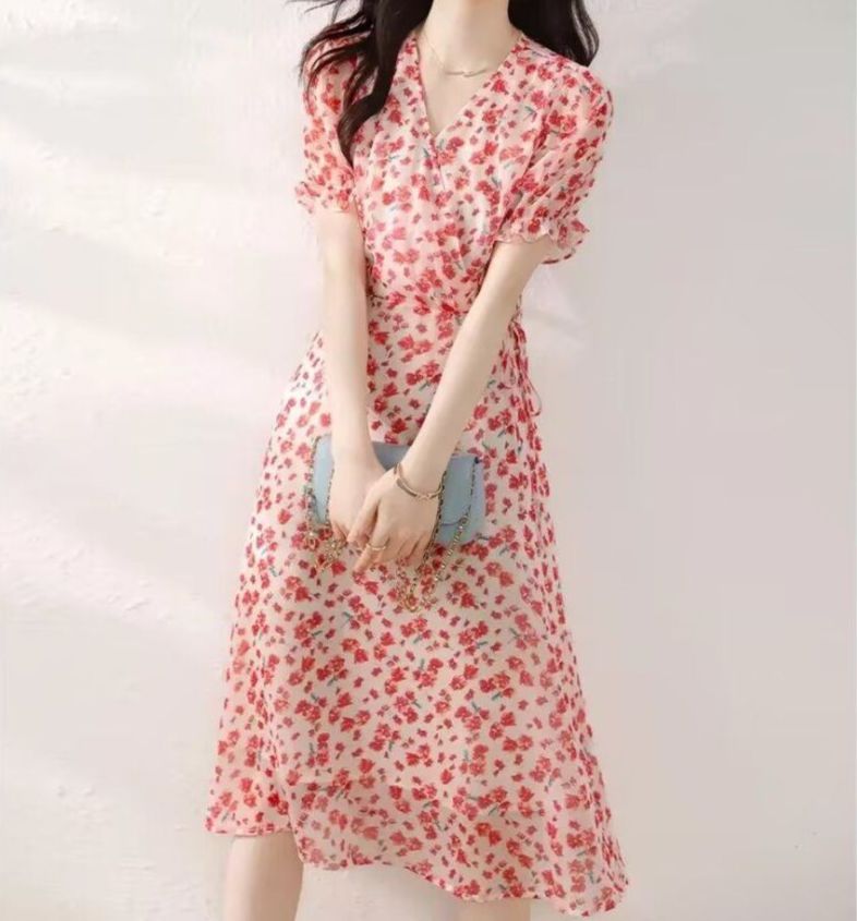 봄 여름 여성 플라워 쉬폰 브이넥 퍼프소매 랩스타일 러플 빅사이즈 원피스 핑크