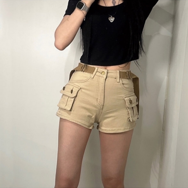 여성 벨트 SET 골반 볼륨 업 반바지 카고 숏팬츠 핫팬츠 버클 블랙 카키 베이지 화이트 - 상세 이미지 2