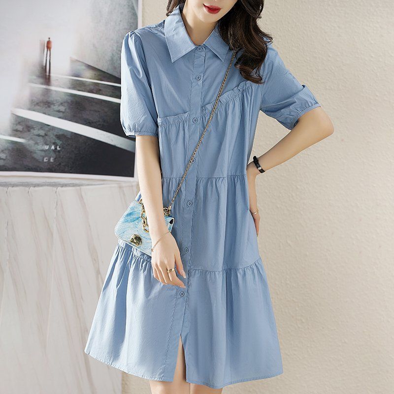 봄 여름 여성 데일리 카라넥 캉캉 티어드 버튼 반팔 A라인 빅사이즈 원피스 블루