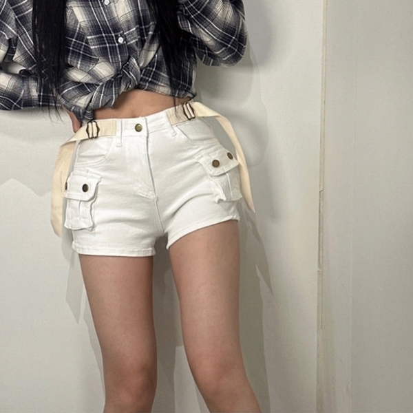 여성 벨트 SET 골반 볼륨 업 반바지 카고 숏팬츠 핫팬츠 버클 블랙 카키 베이지 화이트 - 상세 이미지 3