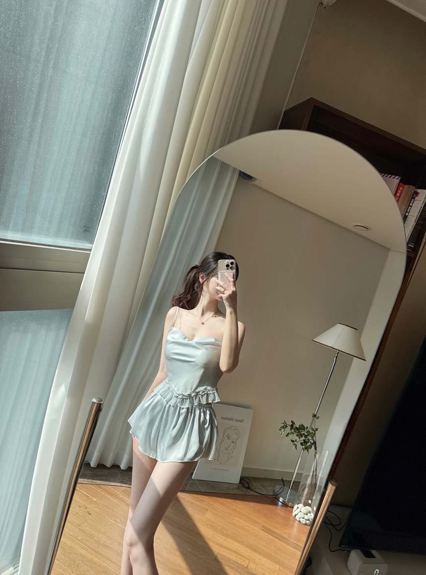 [신상💛큐티섹시]캡내장 레이스 새틴 실크 슬립 나시 반바지 세트 상세 이미지 6