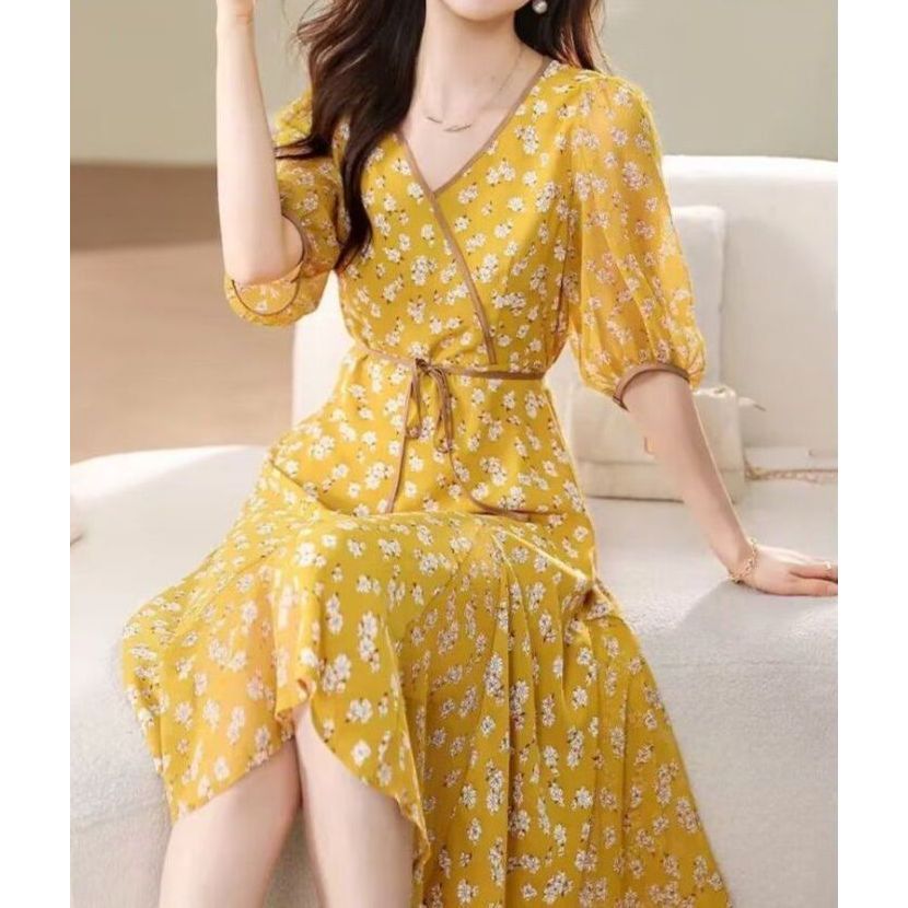 봄 여름 여성 플라워 브이넥 7부소매 허리끈 빅사이즈 원피스 옐로우 그린 블랙