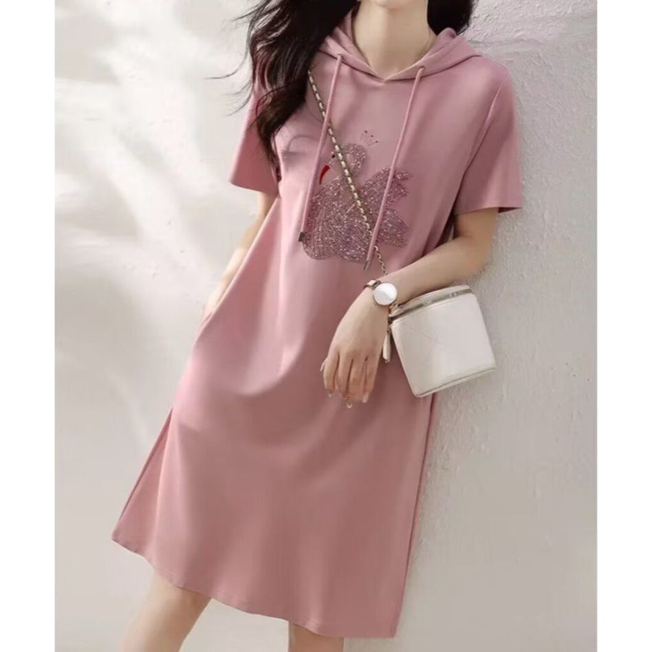 봄 여름 여성 캐주얼 스팽글 자수 스완 후드 반팔 A라인 빅사이즈 원피스 핑크