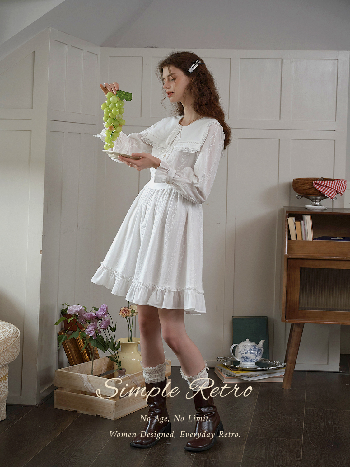 심플레트로 화이트 미니 원피스 자수 레이스 빅카라 탈부착 Simple Retro - 상세 이미지 5