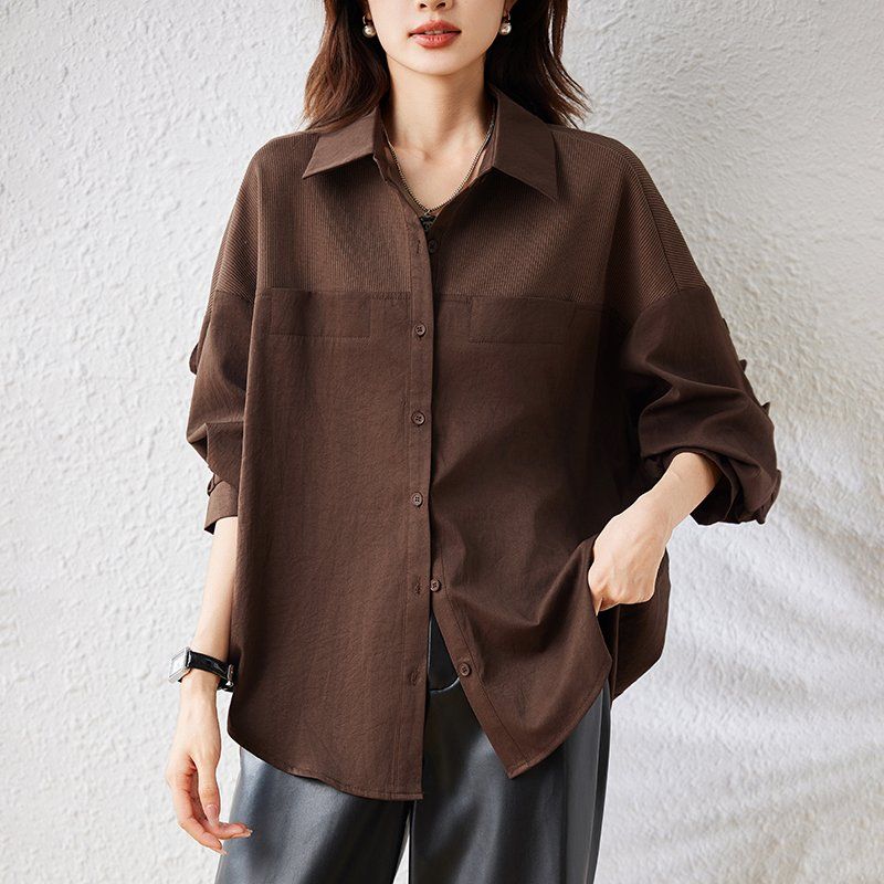 봄 가을 여성 오피스룩 배색 골지 카라넥 버튼 루즈핏 빅사이즈 긴팔 셔츠 블랙 브라운 - 상품 이미지