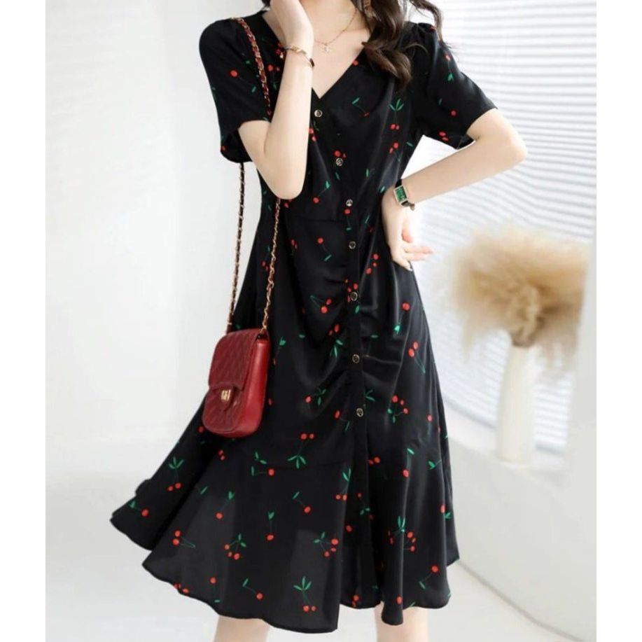 봄 여름 여성 프렌치 무드 체리 브이넥 셔링 머메이드 밑단 빅사이즈 원피스 블랙
