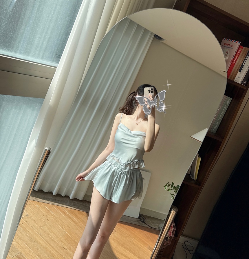 [신상💛큐티섹시]캡내장 레이스 새틴 실크 슬립 나시 반바지 세트 상세 이미지 8