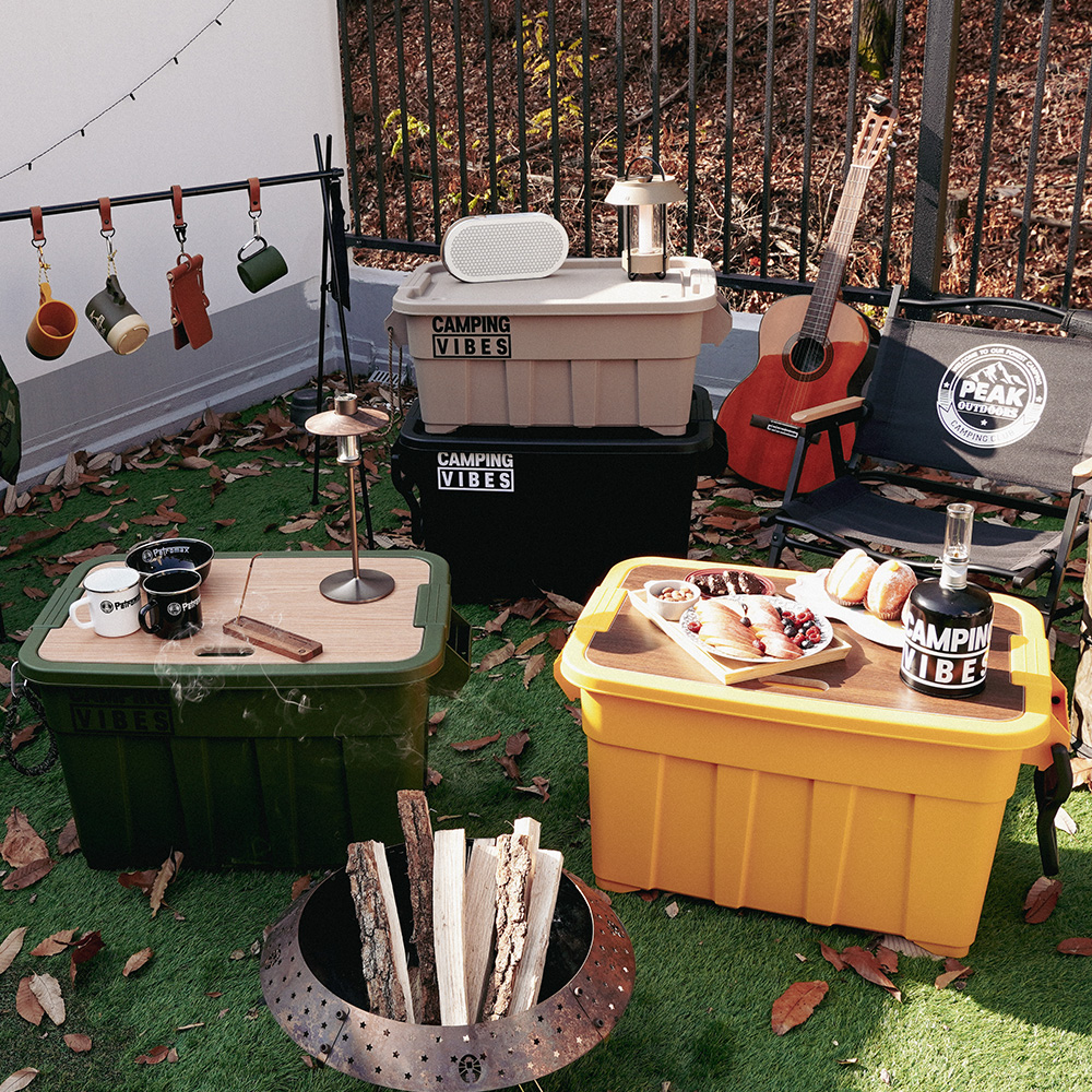 캠핑 카고박스 캠핑 컨테이너 53리터 풀세트  우드상판, 360도 이동바퀴 포함 색상