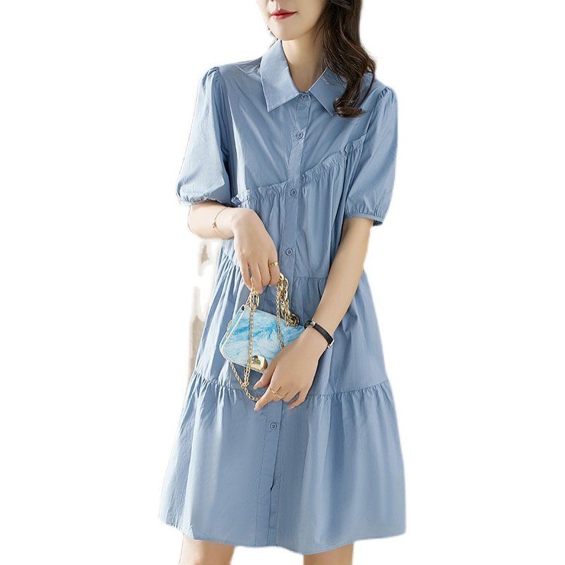 봄 여름 여성 데일리 카라넥 캉캉 티어드 버튼 반팔 A라인 빅사이즈 원피스 블루 - 상세 이미지 5