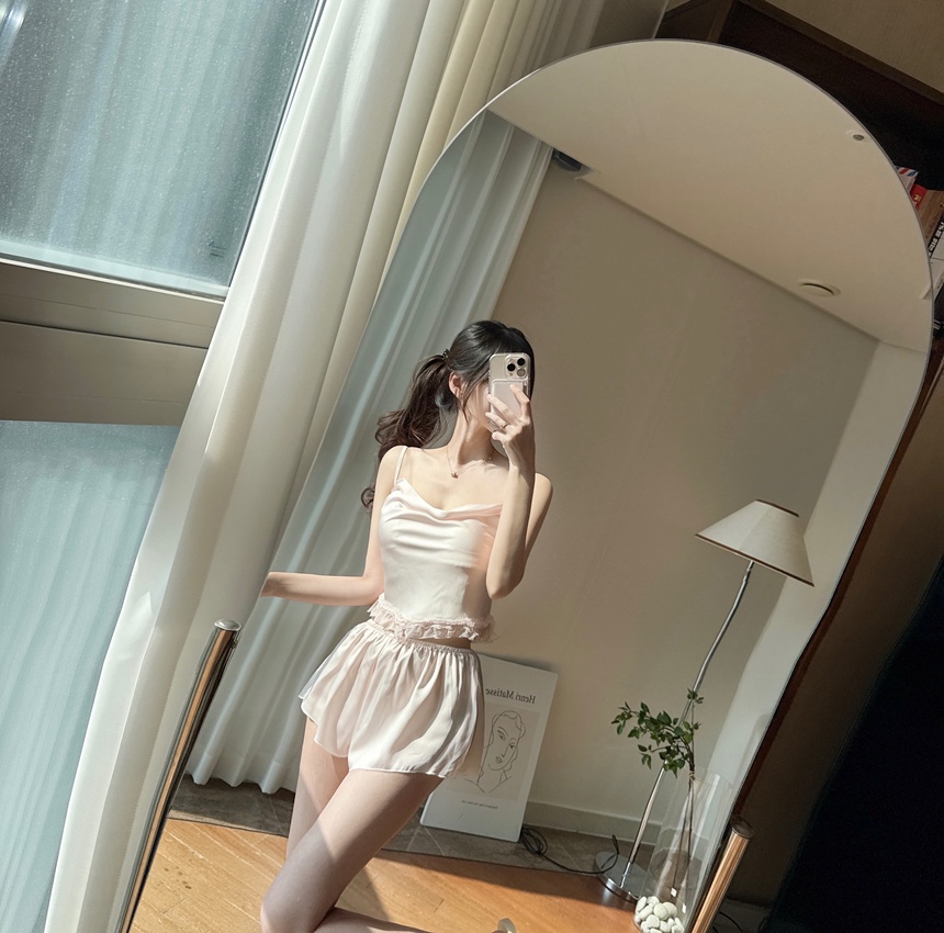 [신상💛큐티섹시]캡내장 레이스 새틴 실크 슬립 나시 반바지 세트 상세 이미지 12